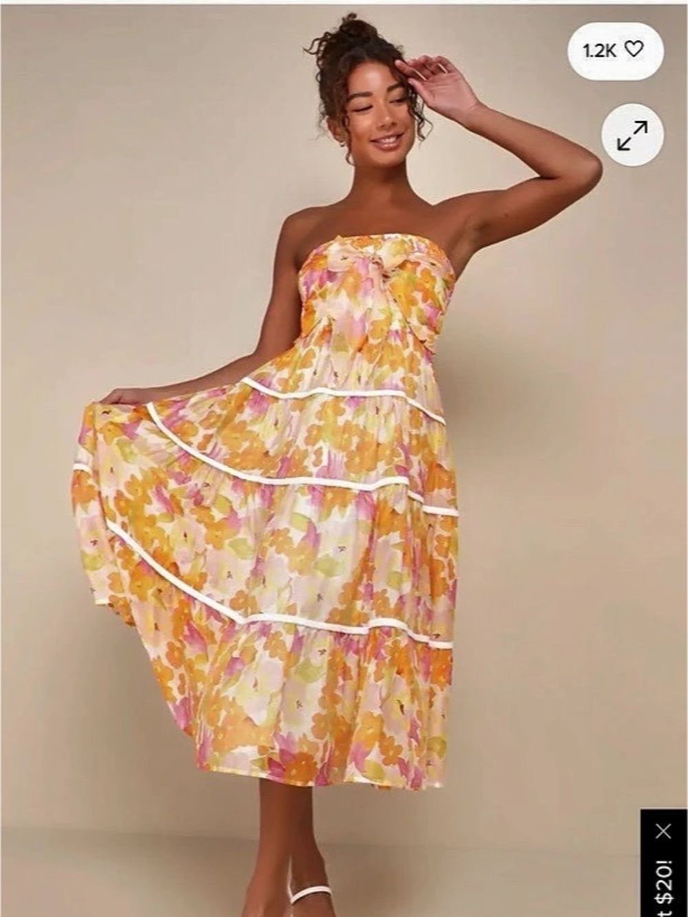 New Lulus Sunlight Aura Orange Floral Strapless Tiered Midi Dress Floral Straple